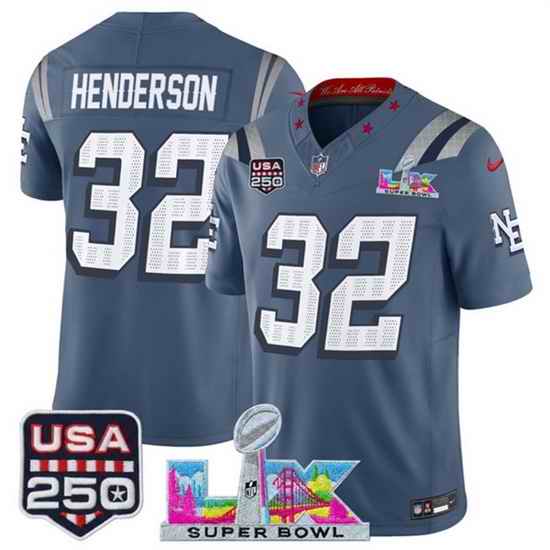 Youth New England Patriots 32 TreVeyon Henderson Storm Blue 2025 F U S E  Super Bowl LX  USA 250 Patch  Rivalries Vapor Limited Stitched Football Jersey