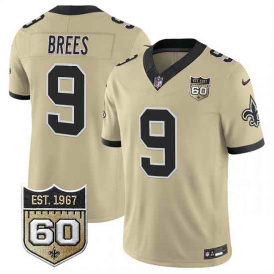 Men New Orleans Saints 9 Drew Brees Gold 2026 F U S E 60th Anniversary Patch Vapor Limited Football Stitched Jersey