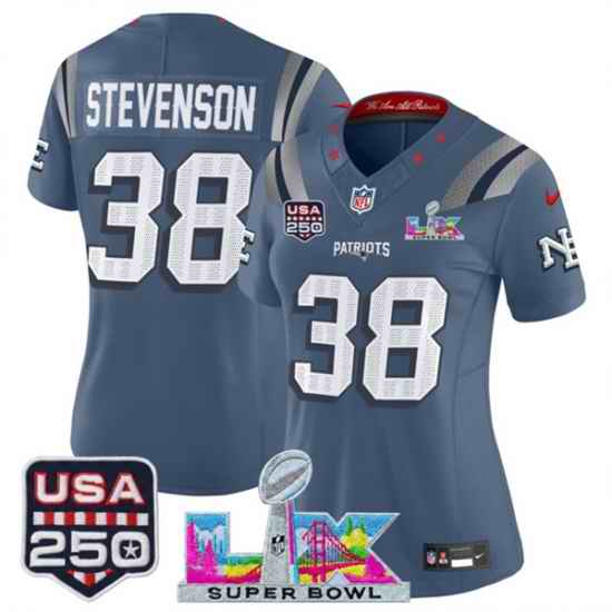Women New England Patriots 38 Rhamondre Stevenson Storm Blue 2025 F U S E Super Bowl LX  USA 250 Patch Rivalries Vapor Limited Football Stitched Jersey