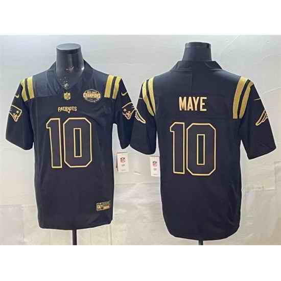 Men New England Patriots 10 Drake Maye Black Gold F U S E  2025 AFC East Championship Patch Limited Stitched Football Jersey