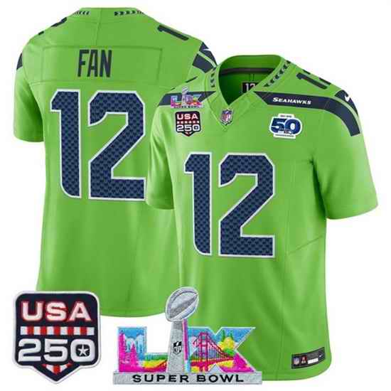 Youth Seattle Seahawks 12 Fan Green 2025 F U S E  Super Bowl LX Patch And 50th Season  USA 250 Patch Vapor Limited Stitched Football Jersey