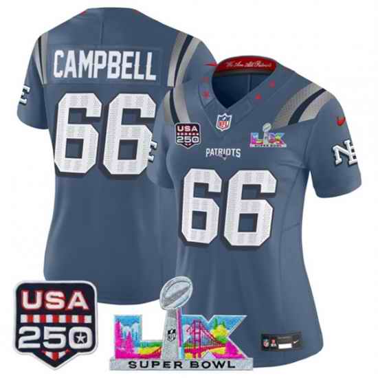 Women New England Patriots 66 Will Campbell Storm Blue 2025 F U S E Super Bowl LX  USA 250 Patch Rivalries Vapor Limited Football Stitched Jersey