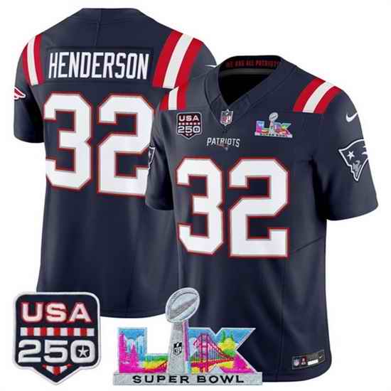 Youth New England Patriots 32 TreVeyon Henderson Navy 2025 F U S E  Super Bowl LX  USA 250 Patch Vapor Limited Stitched Football Jersey