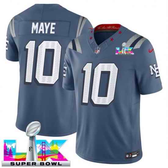 Men New England Patriots 10 Drake Maye Storm Blue 2025 F U S E  Super Bowl LX Patch  Rivalries Vapor Limited Stitched Football Jersey
