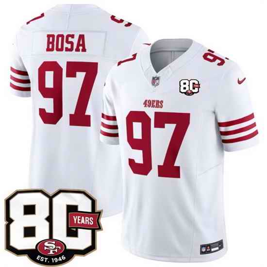 Men San Francisco 49ers  97 Nick Bosa White 80th Anniversary Patch 2026 F U S E  Vapor Untouchabl2026 F U S E  Vapor Untouchable Limited Stitched Football