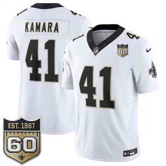 Men New Orleans Saints 41 Alvin Kamara White 2026 F U S E 60th Anniversary Patch Vapor Limited Football Stitched Jersey