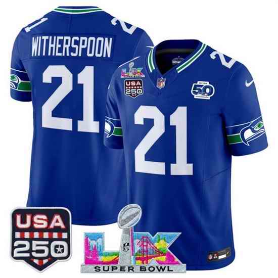 Men Seattle Seahawks 21 Devon Witherspoon Royal 2025 F U S E  Super Bowl LX Patch And 50th Season  USA 250 Patch Vapor Throwback Limited Stitched Football