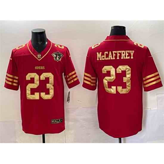 Men San Francisco 49ers 23 Christian McCaffrey Red Gold With 75th Patch Vapor Limited Stitched Football Jersey