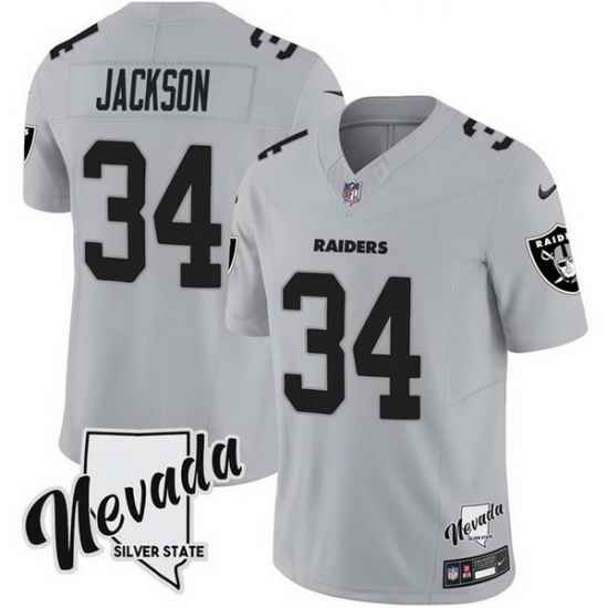 Men Las Vegas Raiders 34 Bo Jackson Grey F U S E With Nevada Silver Stat Patch Vapor Stitched Football Jersey