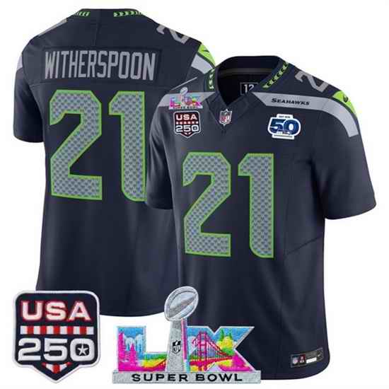 Men Seattle Seahawks 21 Devon Witherspoon Navy 2025 F U S E  Super Bowl LX Patch And 50th Season  USA 250 Patch Vapor Limited Football Stitched Jersey