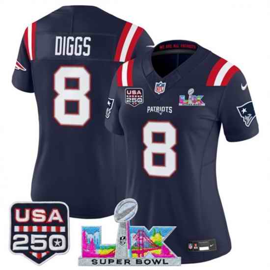 Women New England Patriots 8 Stefon Diggs Navy 2025 F U S E  Super Bowl LX Patch And USA 250 27 Patch Vapor Limited Football Stitched Jersey