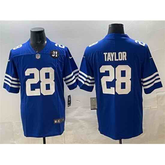 Men Indianapolis Colts 28 Jonathan Taylor Blue Jim Irsay Patch Vapor Limited Stitched Football Jersey