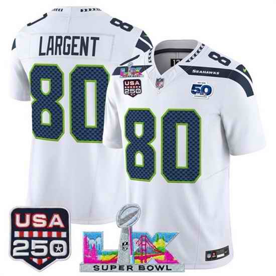Men Seattle Seahawks 80 Steve Largent White 2025 F U S E  Super Bowl LX Patch And 50th Season  USA 250 Patch Vapor Limited Football Stitched Jersey