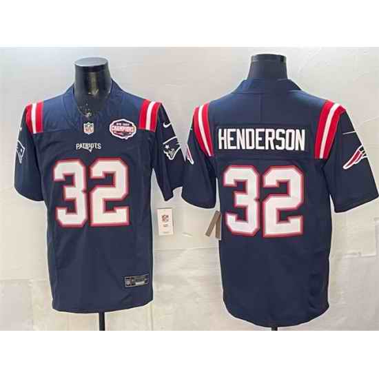 Men New England Patriots 32 TreVeyon Henderson Navy F U S E  2025 AFC East Championship Patch Vapor Limited Stitched Football Jersey