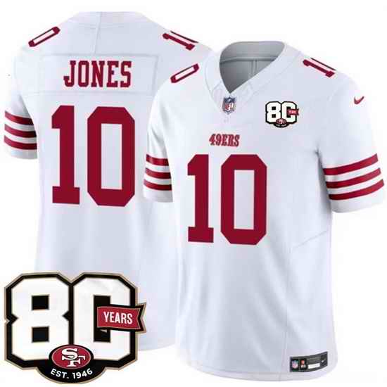 Men San Francisco 49ers  10 Mac Jones White 80th Anniversary Patch 2026 F U S E  Vapor Untouchabl2026 F U S E  Vapor Untouchable Limited Stitched Football
