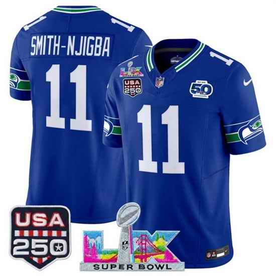 Men Seattle Seahawks 11 Jaxon Smith Njigba Royal 2025 F U S E  Super Bowl LX Patch And 50th Season  USA 250 Patch Vapor Throwback Limited Stitched Football