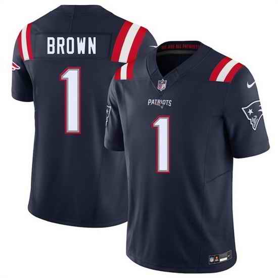 Men New England Patriots  1 A J  Brown Navy 2026 F U S E  Vapor Limited Stitched Football Jersey