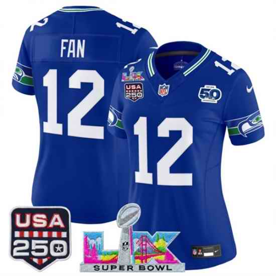 Women Seattle Seahawks 12 Fan Royal 2025 F U S E  Super Bowl LX Patch And 50th Season  26 USA 250 27 Patch Vapor Throwback Limited Stitched Football Jersey