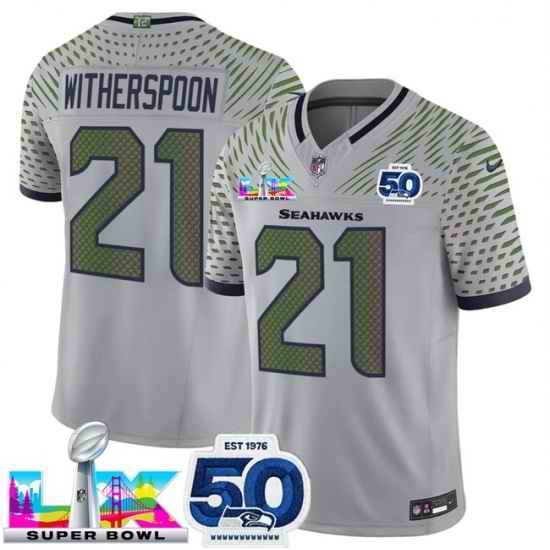 Men Seattle Seahawks 21 Devon Witherspoon Royal 2025 F U S E  Super Bowl LX Patch And 50th Season Patch  Rivalries Vapor Limited Stitched Football Jersey
