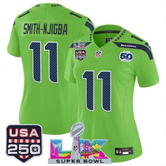 Women Seattle Seahawks 11 Jaxon Smith Njigba Green 2025 F U S E Super Bowl LX Patch And 50th Season  USA 250 Patch Vapor Limited Football Stitched Jersey