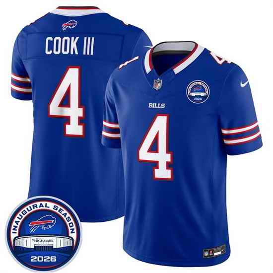 Men Buffalo Bills  4 James Cook III Blue F U S E  2026 Inaugural Season at Highmark Stadium Stitched Football Jersey
