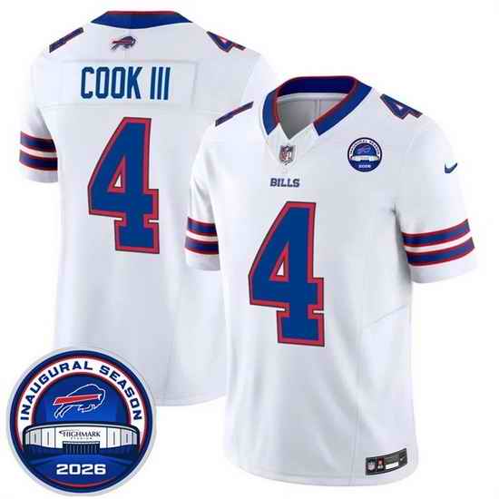Men Buffalo Bills  4 James Cook III White F U S E  2026 Inaugural Season at Highmark Stadium Patch Stitched Football Jersey