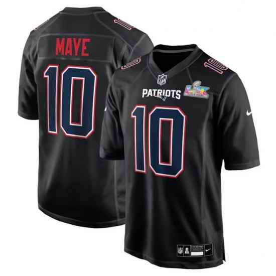 Men New England Patriots 10 Drake Maye Black 2025 Super Bowl LX Patch Carbon Fashion Stitched Game Jersey