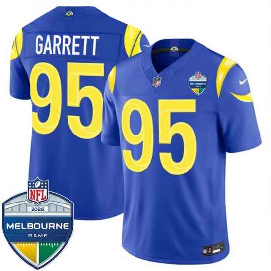 Men Los Angeles Rams 95 Myles Garrett Royal 2026 F U S E Melbourne Game Patch Vapor Limited Stitched Football Jersey
