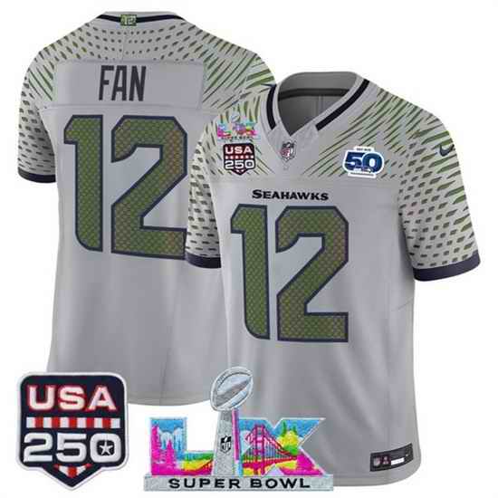 Youth Seattle Seahawks 12 Fan Gray 2025 F U S E  Super Bowl LX  26 US 250th anniversary Patch And 50th Season Patch  Rivalries Vapor Limited Stitched Footb