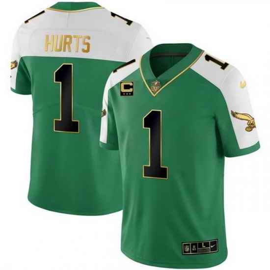 Men Philadelphia Eagles  1 Jalen Hurts Kelly Green Alternate Gold With 3 Star C Patch Stitched Football Jersey