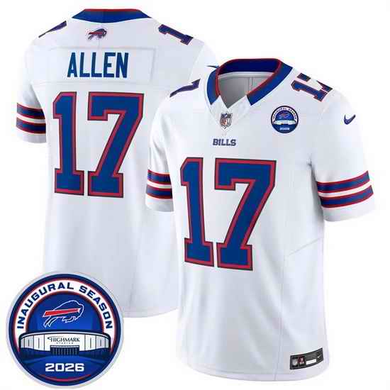 Men Buffalo Bills  17 Josh Allen White F U S E  2026 Inaugural Season at Highmark Stadium Patch Stitched Football Jersey