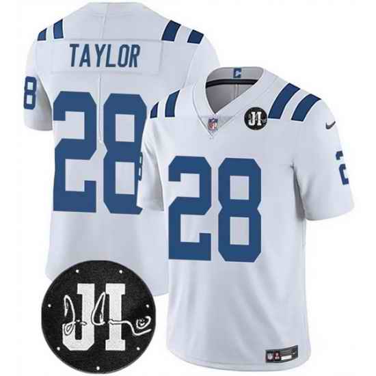 Men Indianapolis Colts 28 Jonathan Taylor White Jim Irsay Patch Vapor Limited Stitched Football Jersey