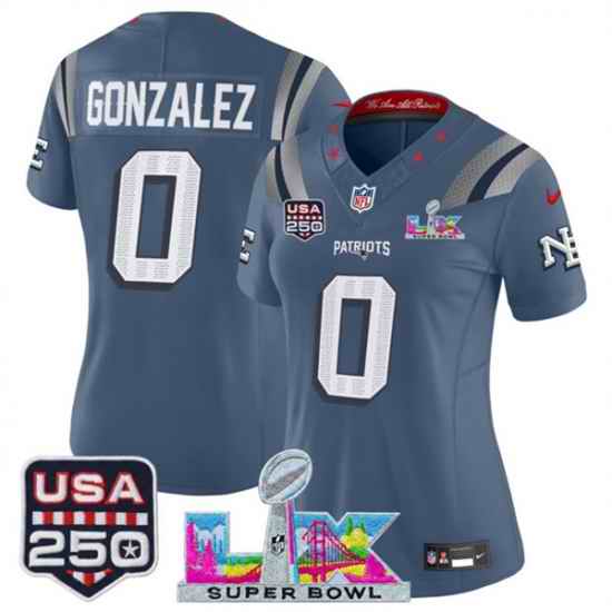 Women New England Patriots 0 Christian Gonzalez Storm Blue 2025 F U S E Super Bowl LX  USA 250 Patch Rivalries Vapor Limited Football Stitched Jersey