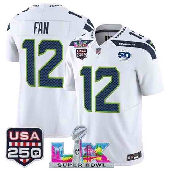 Youth Seattle Seahawks 12 Fan White 2025 F U S E  Super Bowl LX Patch And 50th Season Patch Vapor Limited Stitched Football Jersey