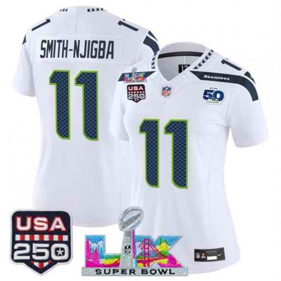 Women Seattle Seahawks 11 Jaxon Smith Njigba White 2025 F U S E Super Bowl LX Patch And 50th Season  USA 250 Patch Vapor Limited Football Stitched Jersey
