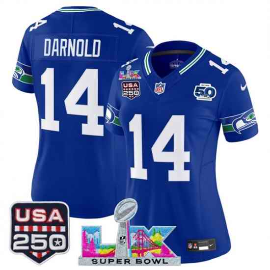 Women Seattle Seahawks 14 Sam Darnold Royal 2025 F U S E Super Bowl LX Patch And 50th Season  USA 250 Patch Vapor Throwback Limited Stitched Football Jerse