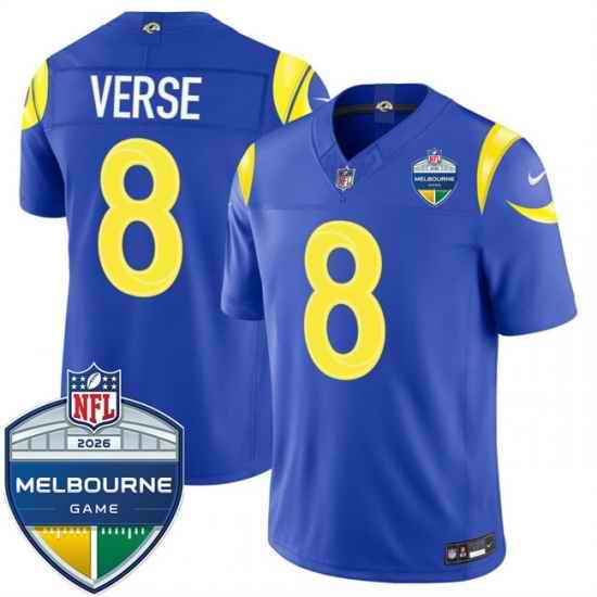 Men Los Angeles Rams 8 Jared Verse Royal 2026 F U S E Melbourne Game Patch Vapor Limited Stitched Football Jersey