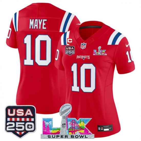 Women New England Patriots 10 Drake Maye Red 2025 F U S E  1 Star C Patch And Super Bowl LX Patch  26 USA 250 27 Patch Vapor Limited Football Stitched Jers