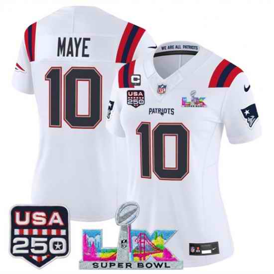 Women New England Patriots 10 Drake Maye White 2025 F U S E  1 Star C Patch And Super Bowl LX Patch  26 USA 250 27 Patch Vapor Limited Football Stitched Je