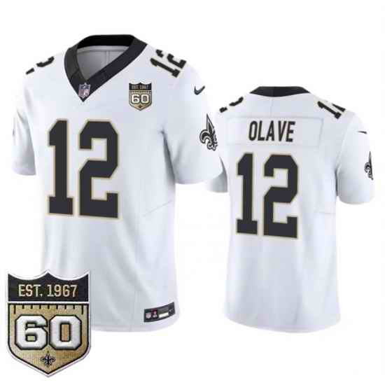 Men New Orleans Saints 12 Chris Olave White 2026 F U S E 60th Anniversary Patch Vapor Limited Football Stitched Jersey