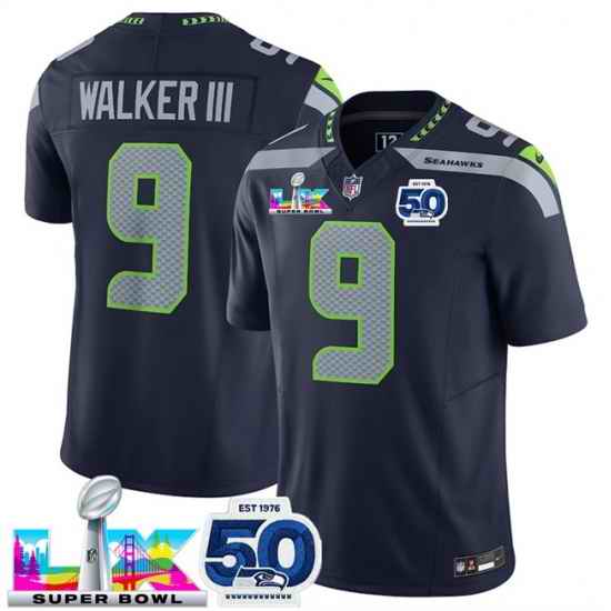 Men Seattle Seahawks 9 Kenneth Walker III Navy 2025 F U S E  Super Bowl LX Patch And 50th Season Patch Vapor Limited Stitched Football Jersey