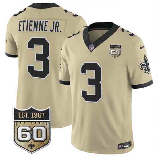 Men New Orleans Saints 3 Travis Etienne Jr Gold 2026 F U S E 60th Anniversary Patch Vapor Limited Football Stitched Jersey