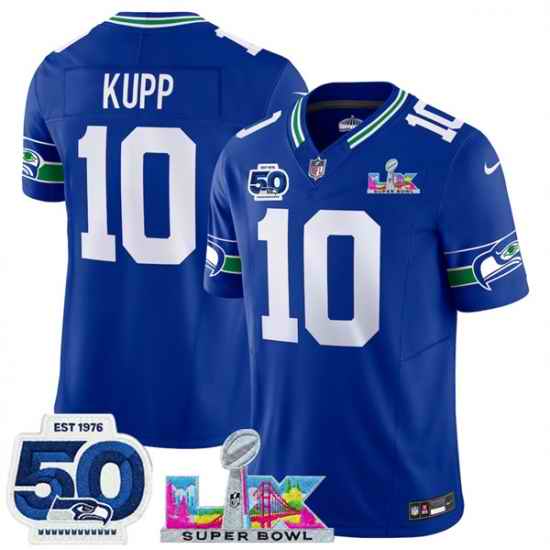 Women Seattle Seahawks 10 Cooper Kupp Royal 2025 F U S E  Super Bowl LX Patch And 50th Season Patch Vapor Throwback Limited Stitched Football Jersey