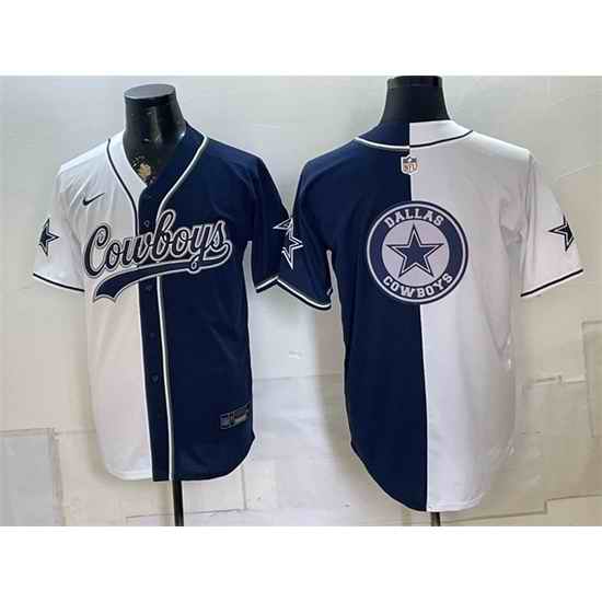 Men Dallas Cowboys Team Big Logo White Navy Split Stitched Jersey 001