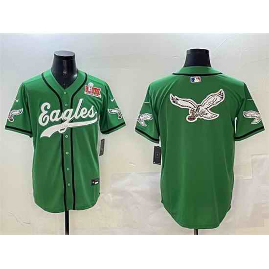 Men Philadelphia Eagles Team Big Logo Green 2025 Super Bowl LIX Patch Stitched Baseball Jersey 1