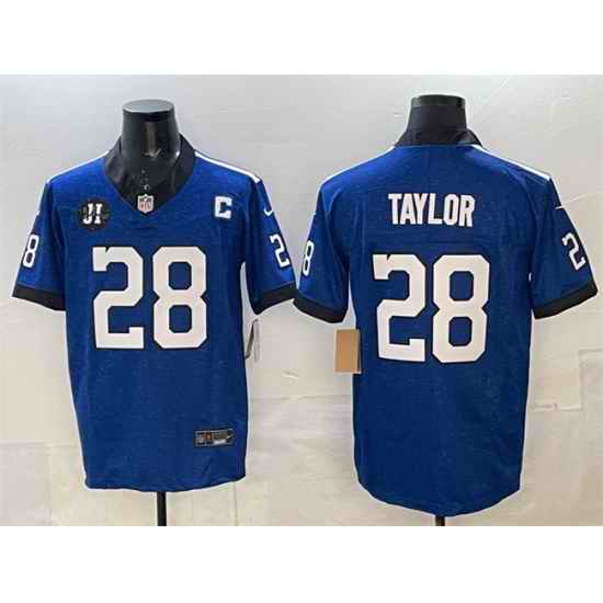 Men Indianapolis Colts 28 Jonathan Taylor Blue 2025 F U S E  Jim Irsay Patch Throwback Vapor Limited Stitched Football Jersey