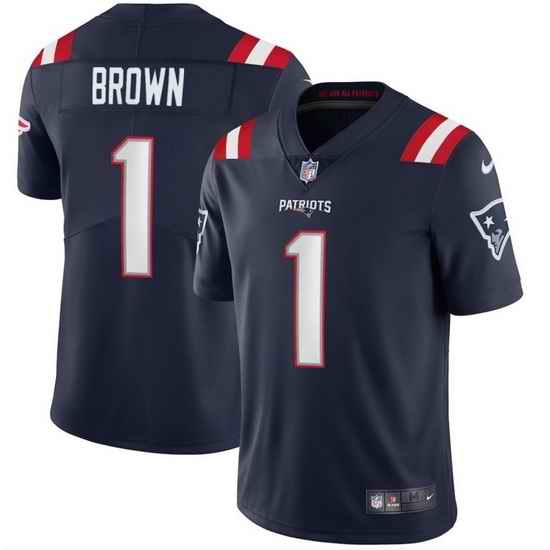Men New England Patriots  1 A J  Brown Navy 2026 Vapor Limited Stitched Football Jersey