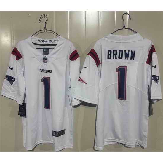 Men New England Patriots  1 A J  Brown White 2026 Vapor Limited Stitched Football Jersey