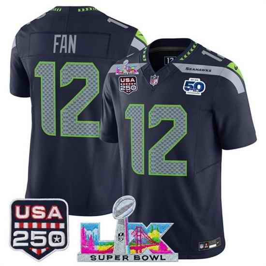Men Seattle Seahawks 12 Fan Navy 2025 F U S E  Super Bowl LX Patch And 50th Season Patch Vapor Limited Stitched Football Jersey