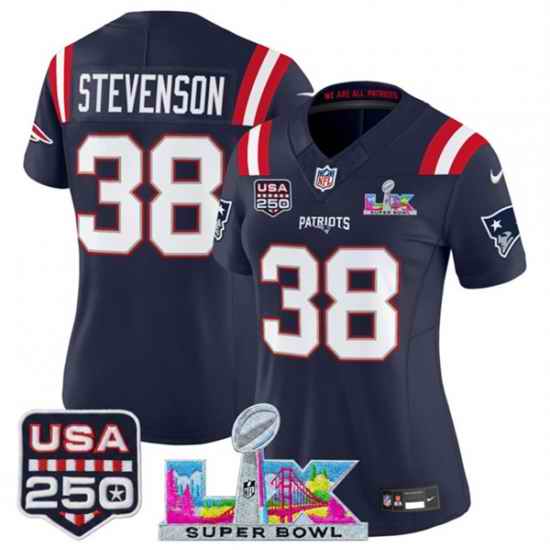 Women New England Patriots 38 Rhamondre Stevenson Navy 2025 F U S E  Super Bowl LX Patch And USA 250 27 Patch Vapor Limited Football Stitched Jersey